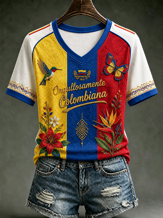 Vintage Columbia Floral Stripe Casual V-Neck T-Shirt