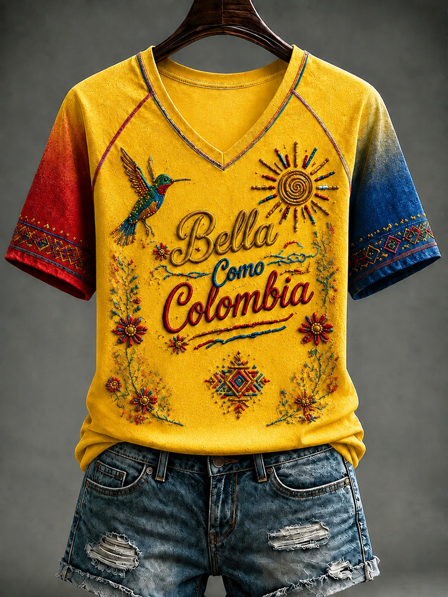 Vintage Columbia Hummingbird Gradient Casual V-Neck T-Shirt