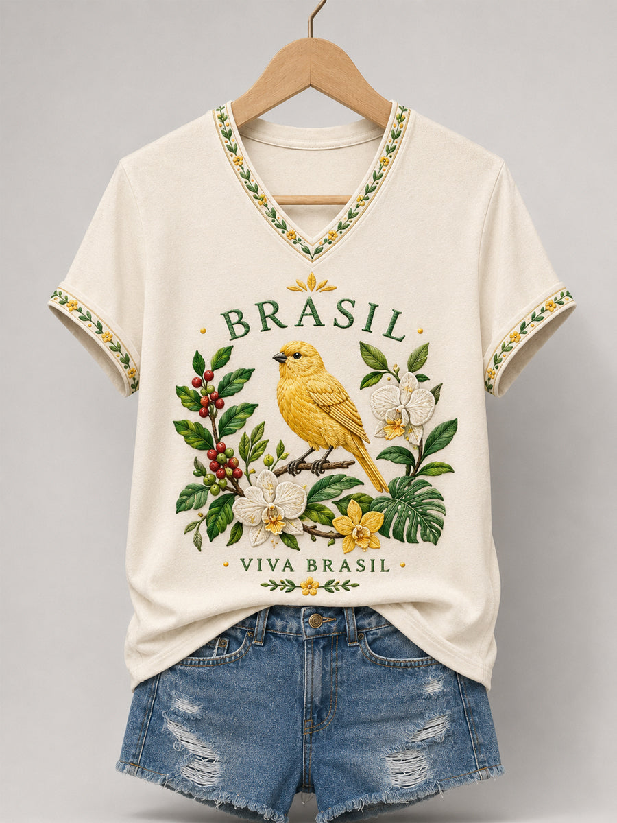 Women's Brasil Print Casual V-Neck Tee