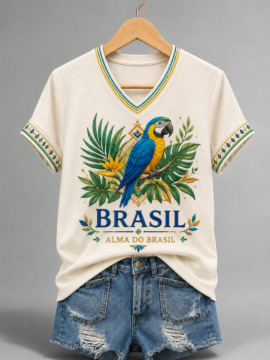 Women's Brasil Print Casual V-Neck Tee