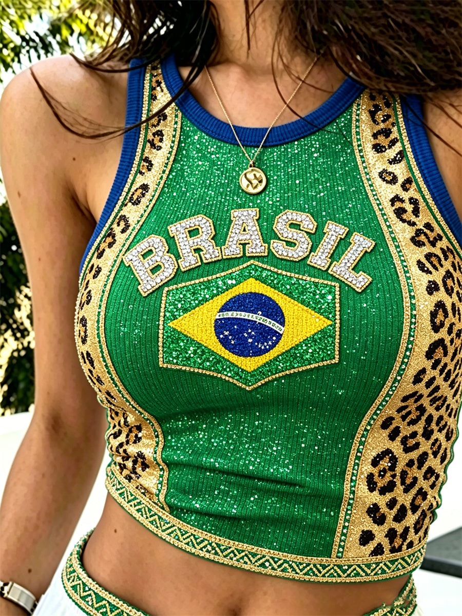 Women's Brasil Leopard Pattern Flag Colorblock Glitter Print Crop Tank Top