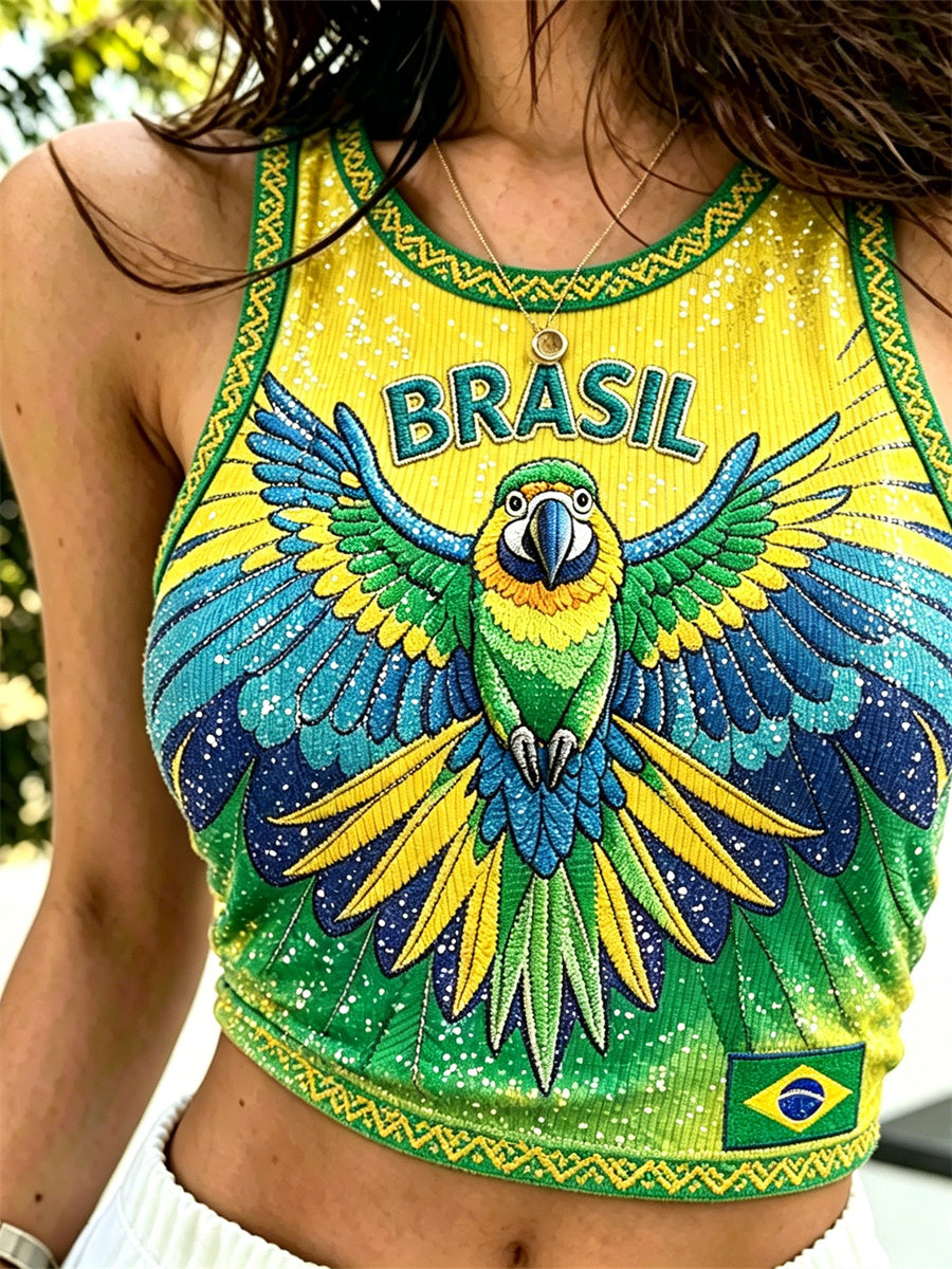 Women's Brasil Macaw Flag Colorblock Glitter Print Crop Tank Top