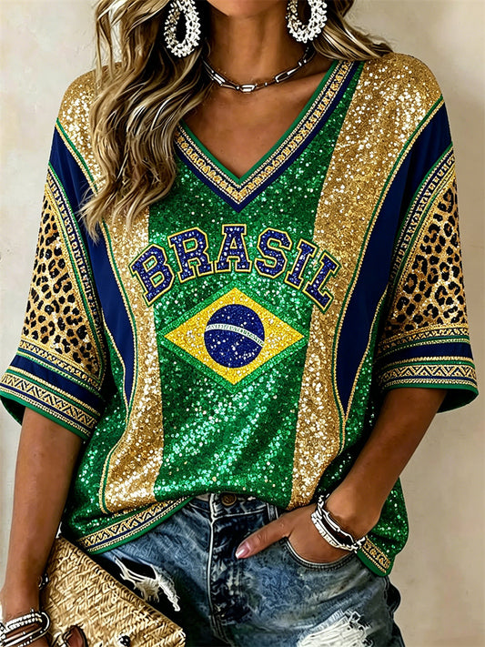 Women's Brasil Leopard Pattern Flag Colorblock Glitter Print Mid-length Sleeves V-Neck T-Shirt