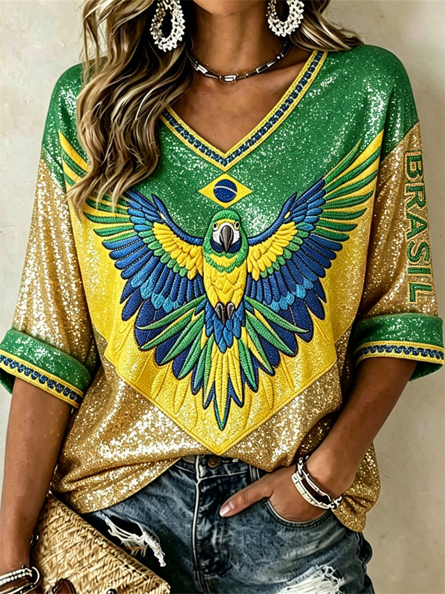 Women's Brasil Macaw Flag Colorblock Glitter Print Mid-length Sleeves V-Neck T-Shirt