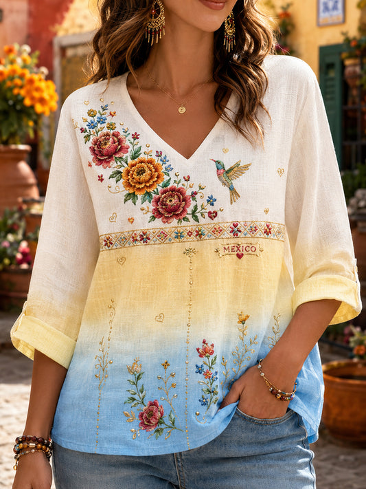 Women's Mexican Independence Day Commemorative Art Print V-Neck Top
