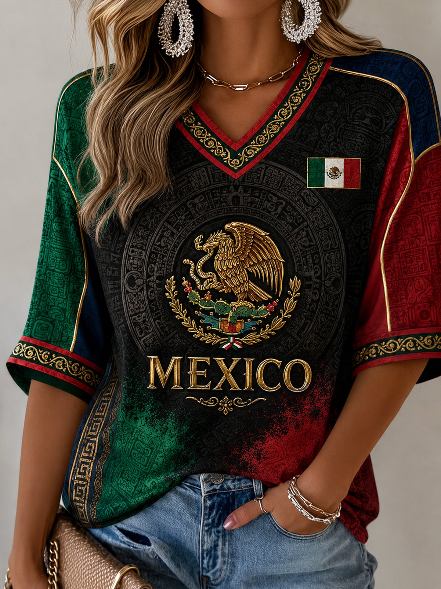 Women's Mexican Independence Day Commemorative Art Print V-Neck Top