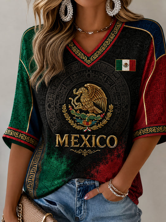 Women's Mexican Independence Day Commemorative Art Print V-Neck Top