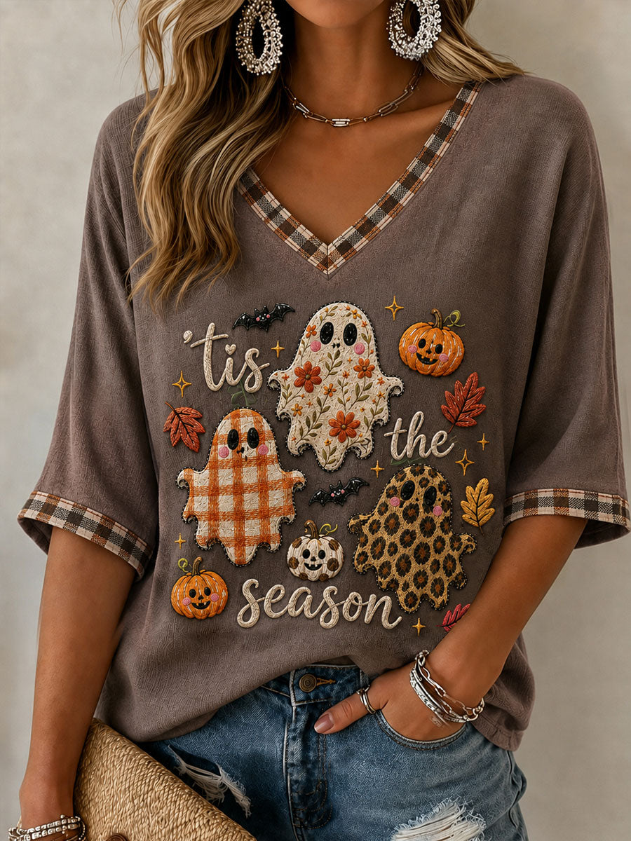 Women's Cozy Ghost Fall Tis The Season V-neck off-shoulder Short Sleeve T-shirt