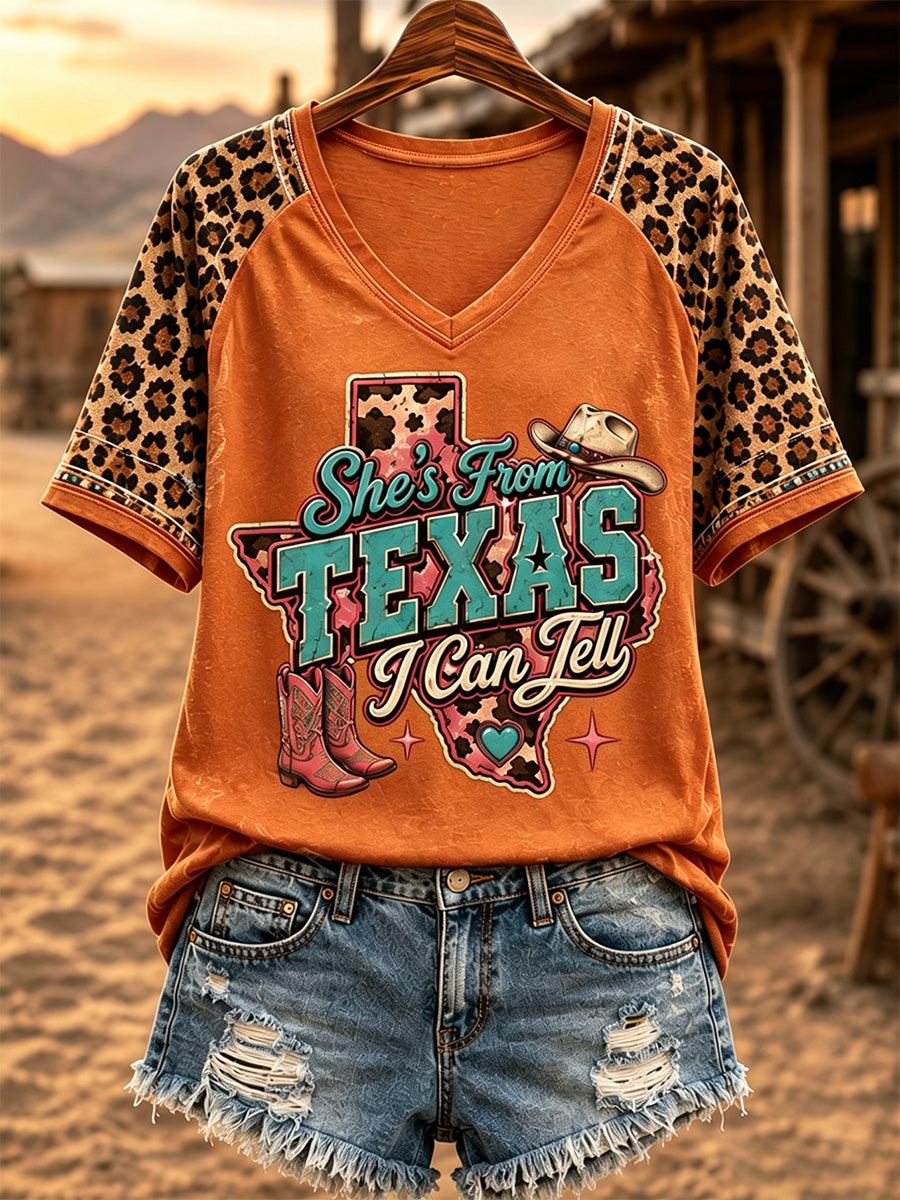Women's She's From Texas I Can Tell Print Casual V-Neck Tee