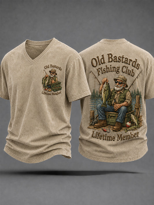 Men's Funny Old Bastards Fishing Club Lifetime Member Print Casual V-Neck Tee
