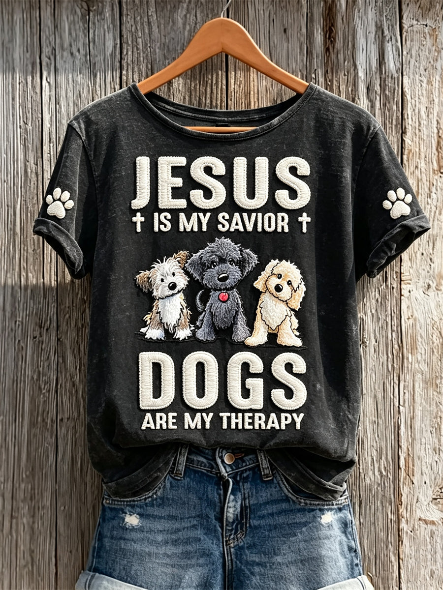 Women's Jesus is My Savior Dogs Are My Therapy Print short-sleeved T-shirt