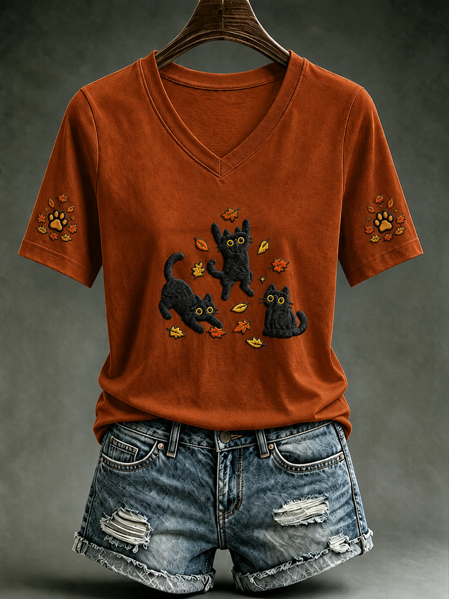 Women's Autumn Cute Cat Maple Leaf Pumpkin Short Sleeve T-shirt