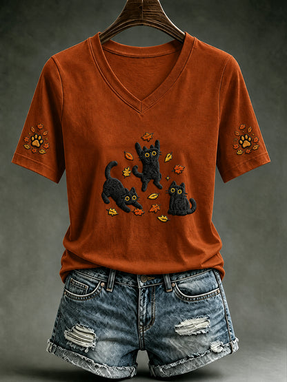 Women's Autumn Cute Cat Maple Leaf Pumpkin Short Sleeve T-shirt