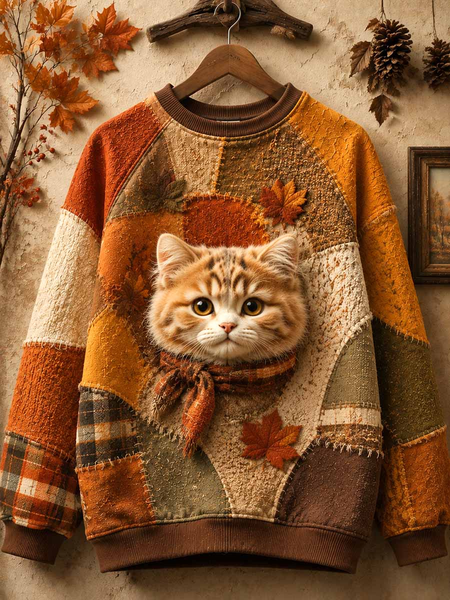 Women's Retro Autumn Cat Print Sweatshirt