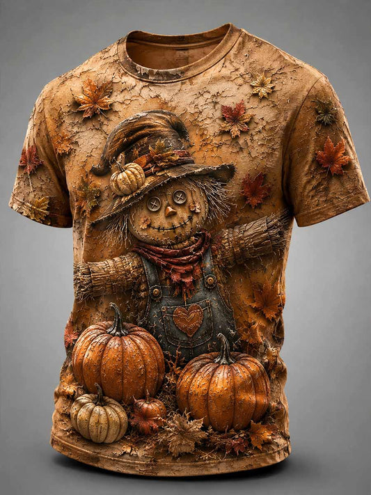 Men's Retro Autumn Scarecrow Pattern Printed T-Shirt