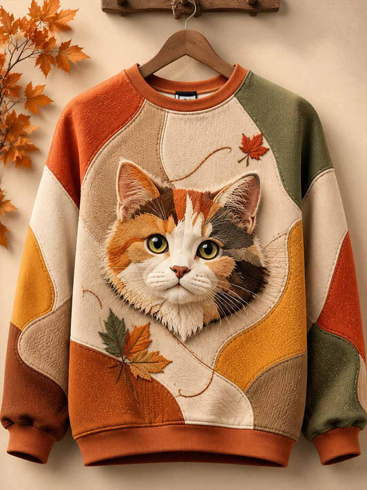 Women's Retro Autumn Cat Print Sweatshirt