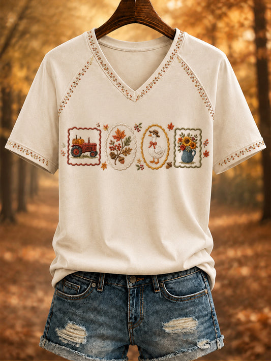 Women's Autumn Printed V-neck T-shirt