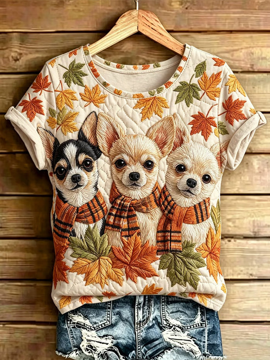 Women's Autumn Dogs Print Casual Tee