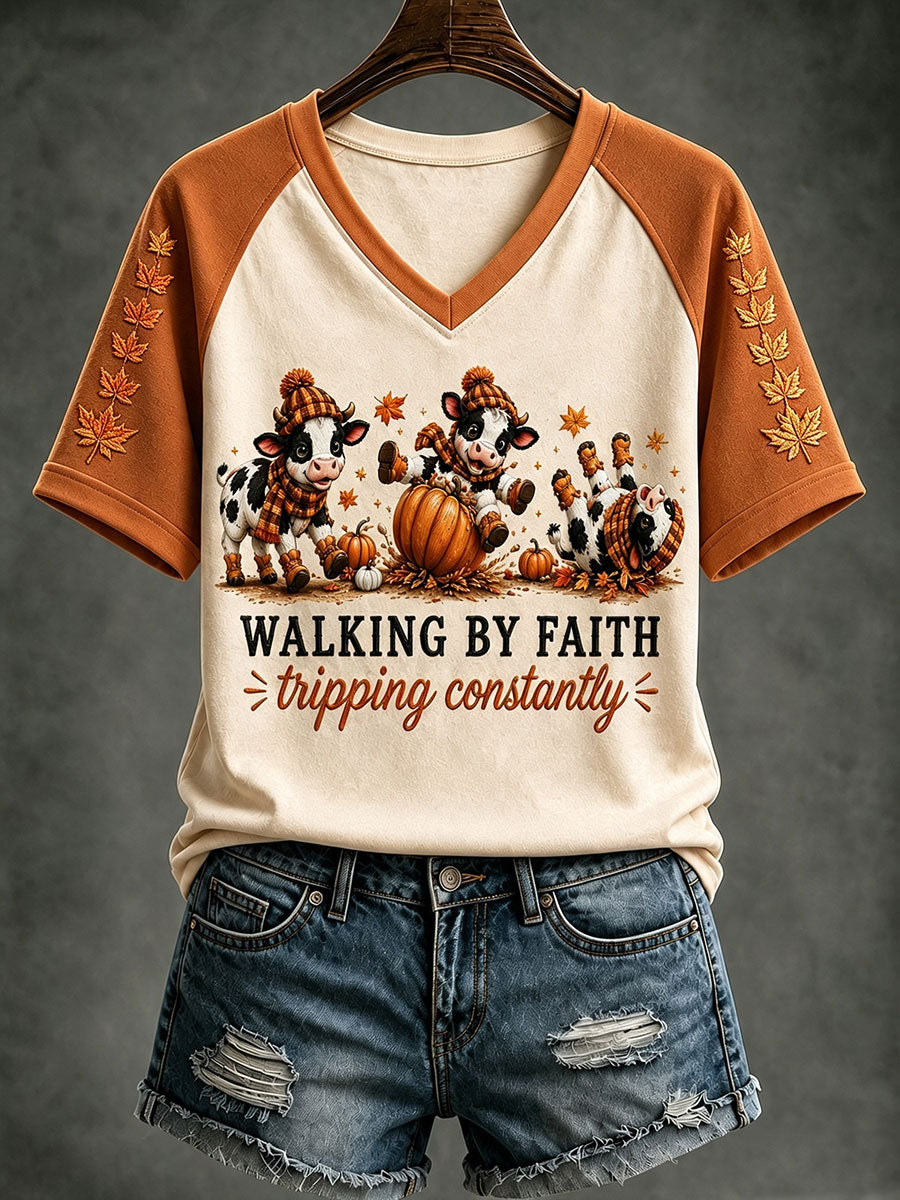 Women's Walking By Faith Tripping Constantly Autumn Pumpkin V-neck T-shirt