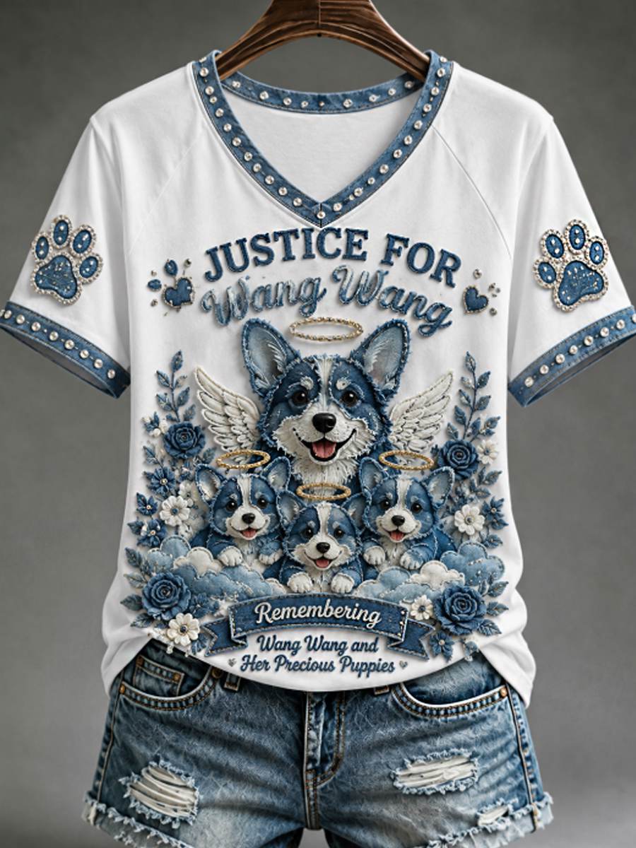 Women's STOP ANIMAL ABUSE Wangwang V-neck off-shoulder short-sleeved T-shirt