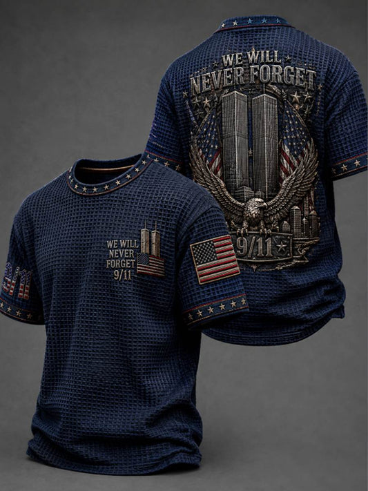 Men's WE WILL NEVER FORGET 9/11 25 YEARS 2001-2026 Waffle  Tee