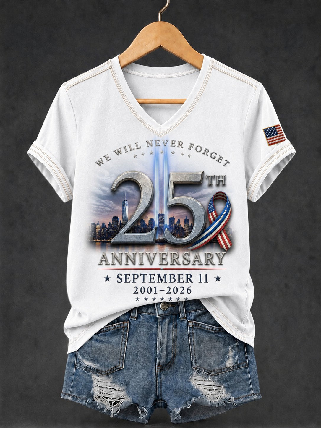 Women's 9.11 Never Forget Printed V-neck T-shirt