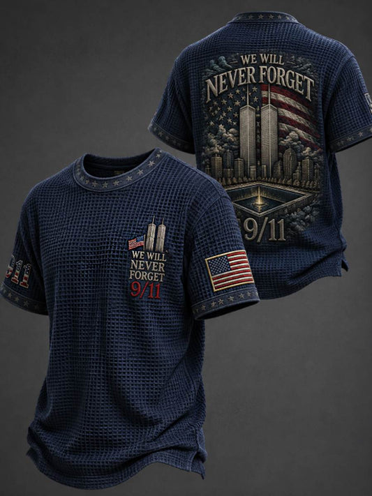 Men's WE WILL NEVER FORGET 9/11 25 YEARS 2001-2026 Waffle  Tee