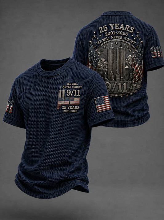 Men's WE WILL NEVER FORGET 9/11 25 YEARS 2001-2026 Waffle  Tee