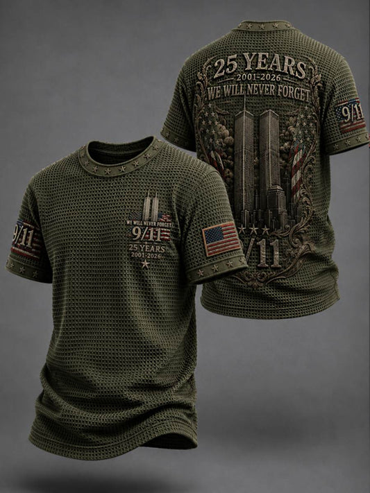 Men's WE WILL NEVER FORGET 9/11 25 YEARS 2001-2026 Waffle  Tee