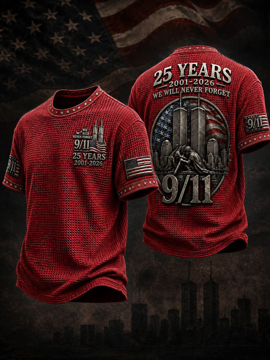 Men's WE WILL NEVER FORGET 9/11 25 YEARS 2001-2026 Waffle  Tee