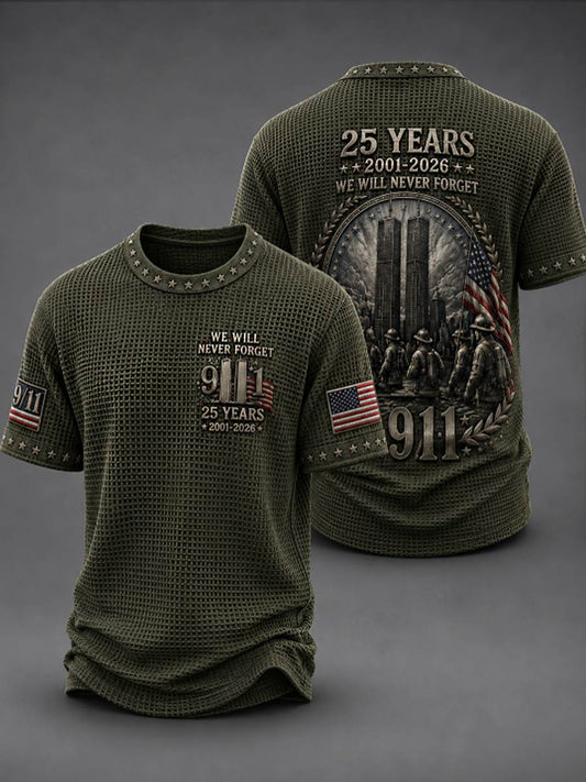 Men's WE WILL NEVER FORGET 9/11 25 YEARS 2001-2026 Waffle  Tee