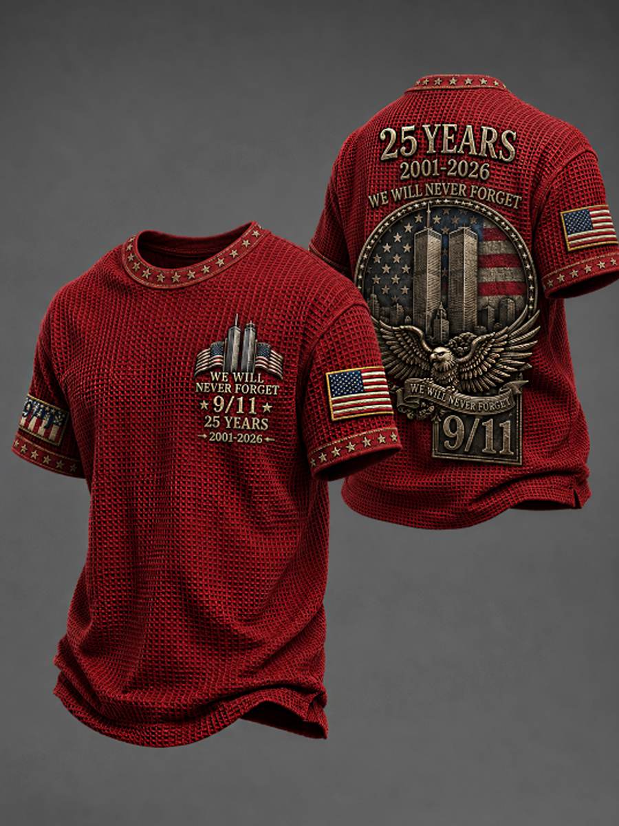 Men's WE WILL NEVER FORGET 9/11 25 YEARS 2001-2026 Waffle  Tee