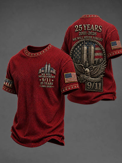 Men's WE WILL NEVER FORGET 9/11 25 YEARS 2001-2026 Waffle  Tee