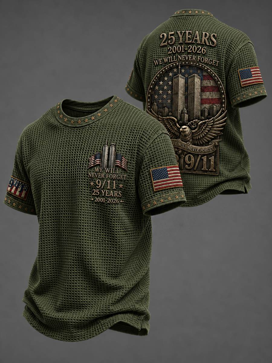 Men's WE WILL NEVER FORGET 9/11 25 YEARS 2001-2026 Waffle  Tee