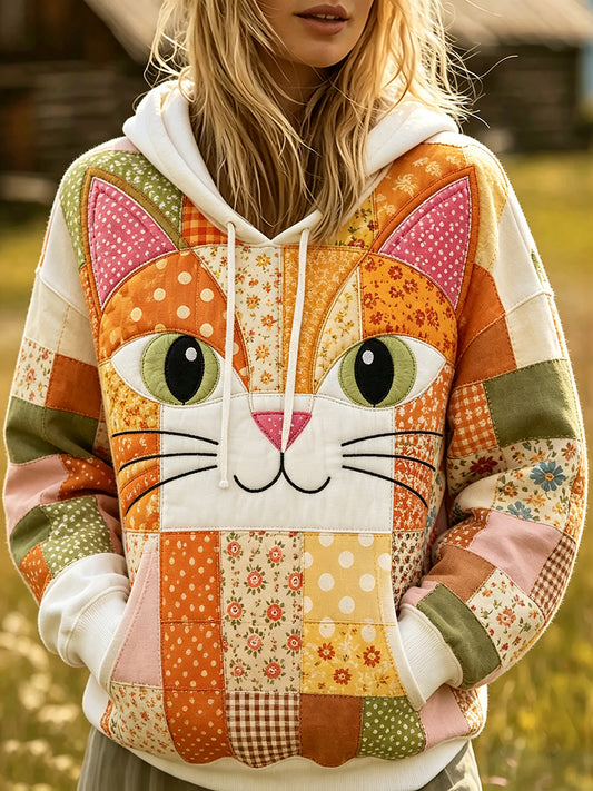 Women's Cute Cat Face Patchwork Print Cozy Hoodie