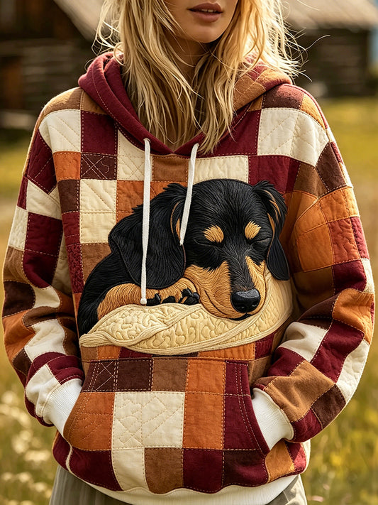 Women's Cute Dachshund Patchwork Print Cozy Hoodie