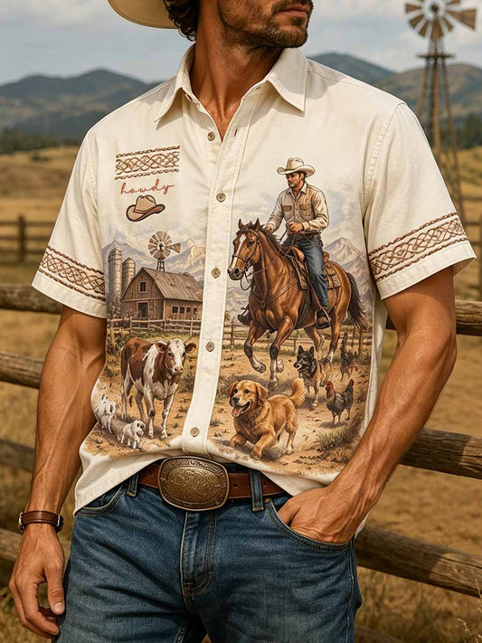 Men's Vintage Western Country Puppy Pattern Printed Shirt