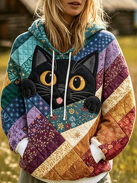Women's Cute Peeking Cat Patchwork Print Cozy Hoodie