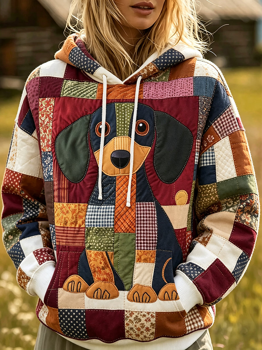 Women's Cute Dachshund Patchwork Print Cozy Hoodie