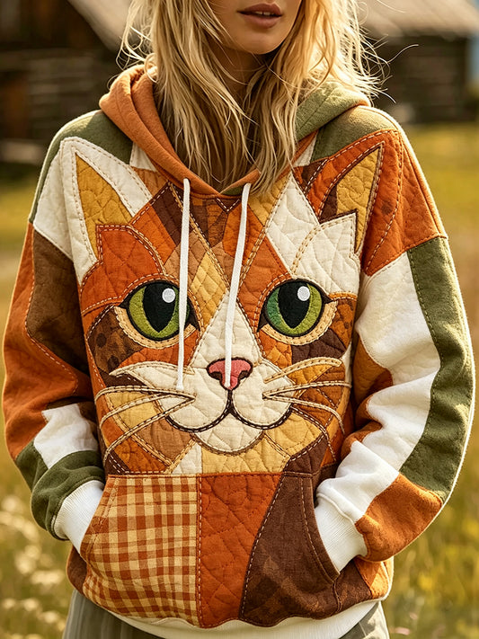 Women's Cute Cat Face Patchwork Print Cozy Hoodie