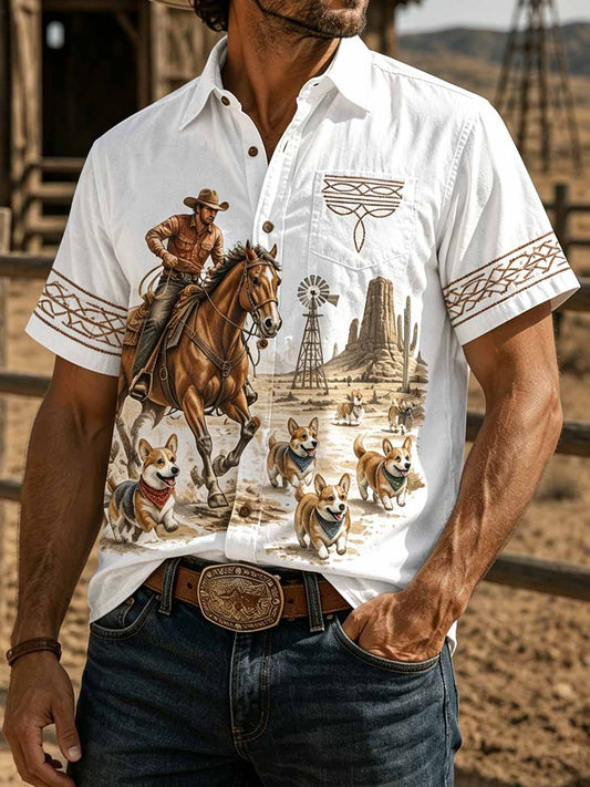 Men's Vintage Western Country Puppy Pattern Printed Shirt