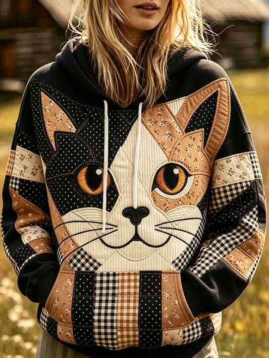 Women's Cute Cat Face Patchwork Print Cozy Hoodie