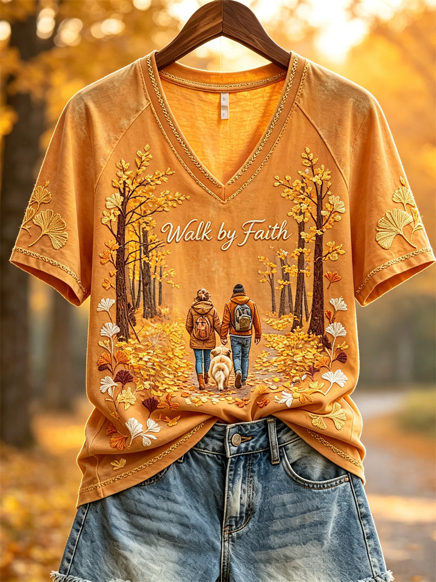 Women's Walk by Faith Fall Walking the Dog Print short-sleeved T-shirt