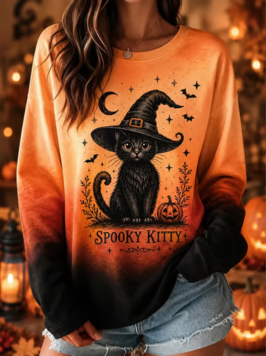 Women's Halloween Printed Round neck long sleeve T-shirt