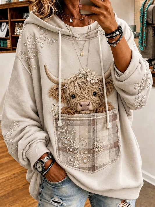 Women’s Highland Cow Print Casual Hoodie