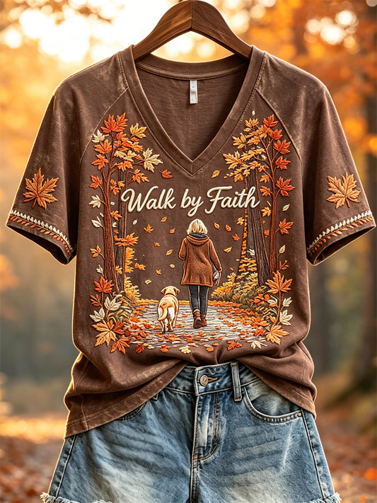 Women's Walk by Faith Fall Walking the Dog Print short-sleeved T-shirt