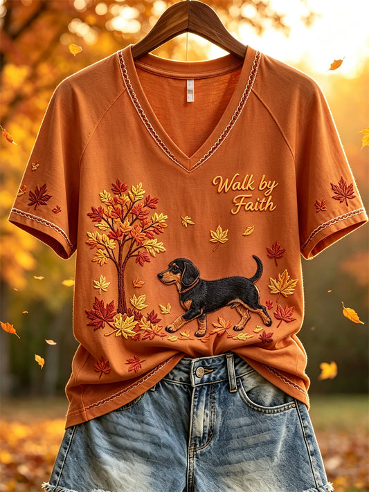 Women's Walk by Faith Fall Walking Dachshund Dog Print short-sleeved T-shirt