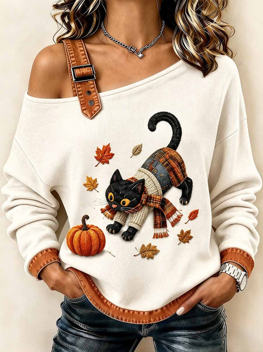 Women's Fashion Autumn Cat Art Pattern Printed Sweatshirt