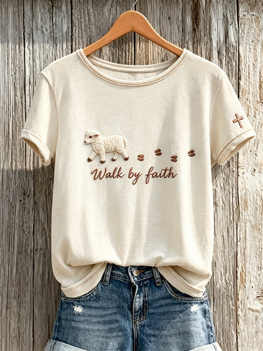 Women's Walk By Faith Fuzzy Lamb & Paw Prints short-sleeved T-shirt