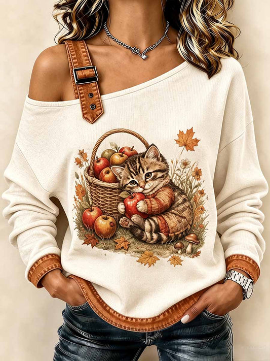 Women's Fashion Autumn Cat Art Pattern Printed Sweatshirt